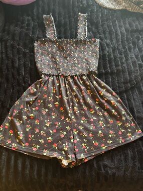 Girls Floral Smocked Romper - Black